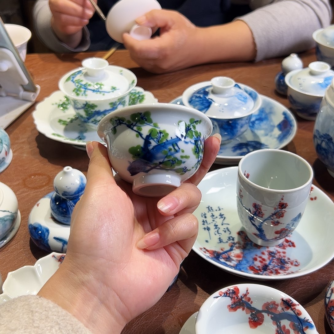 四***天青花手绘绿梅主人杯