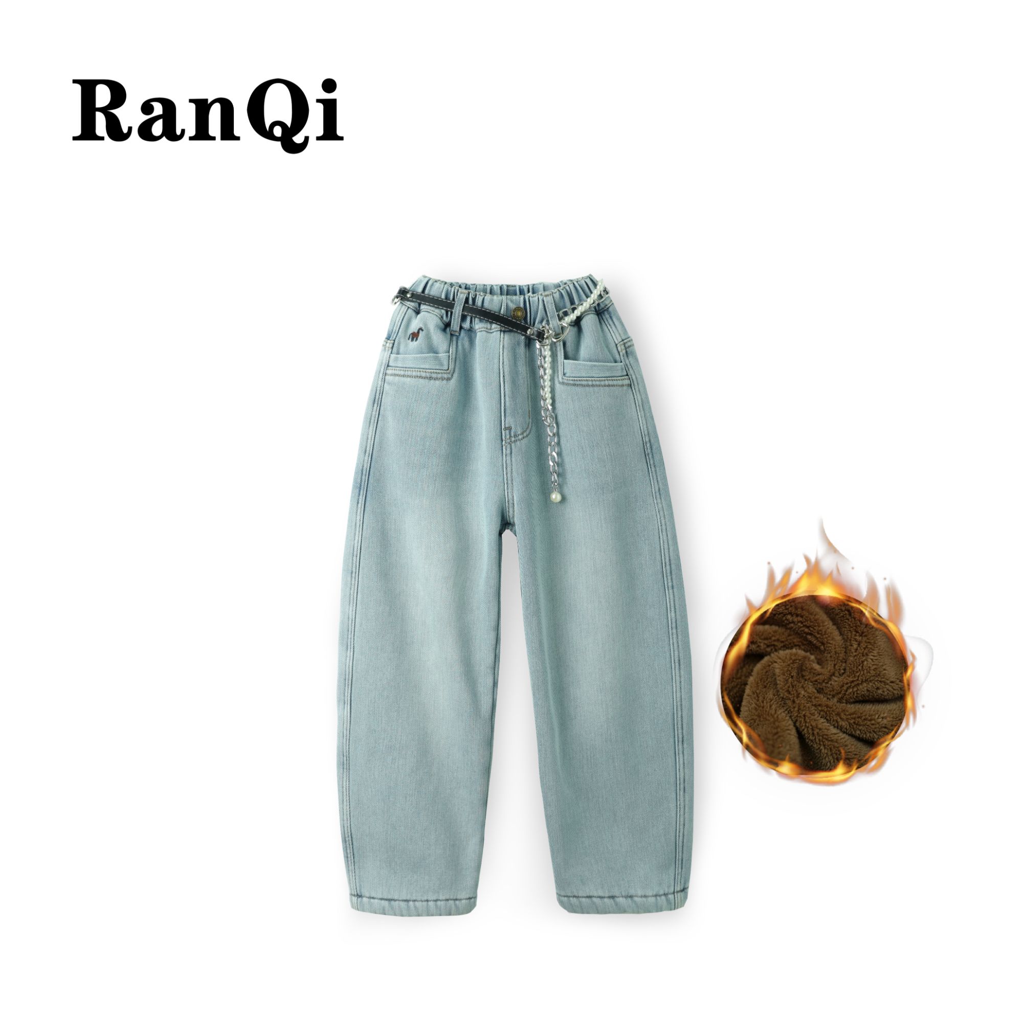 [特厚糕糕绒][一条过冬]女童冬季2025新款百搭中大童弯刀牛仔裤