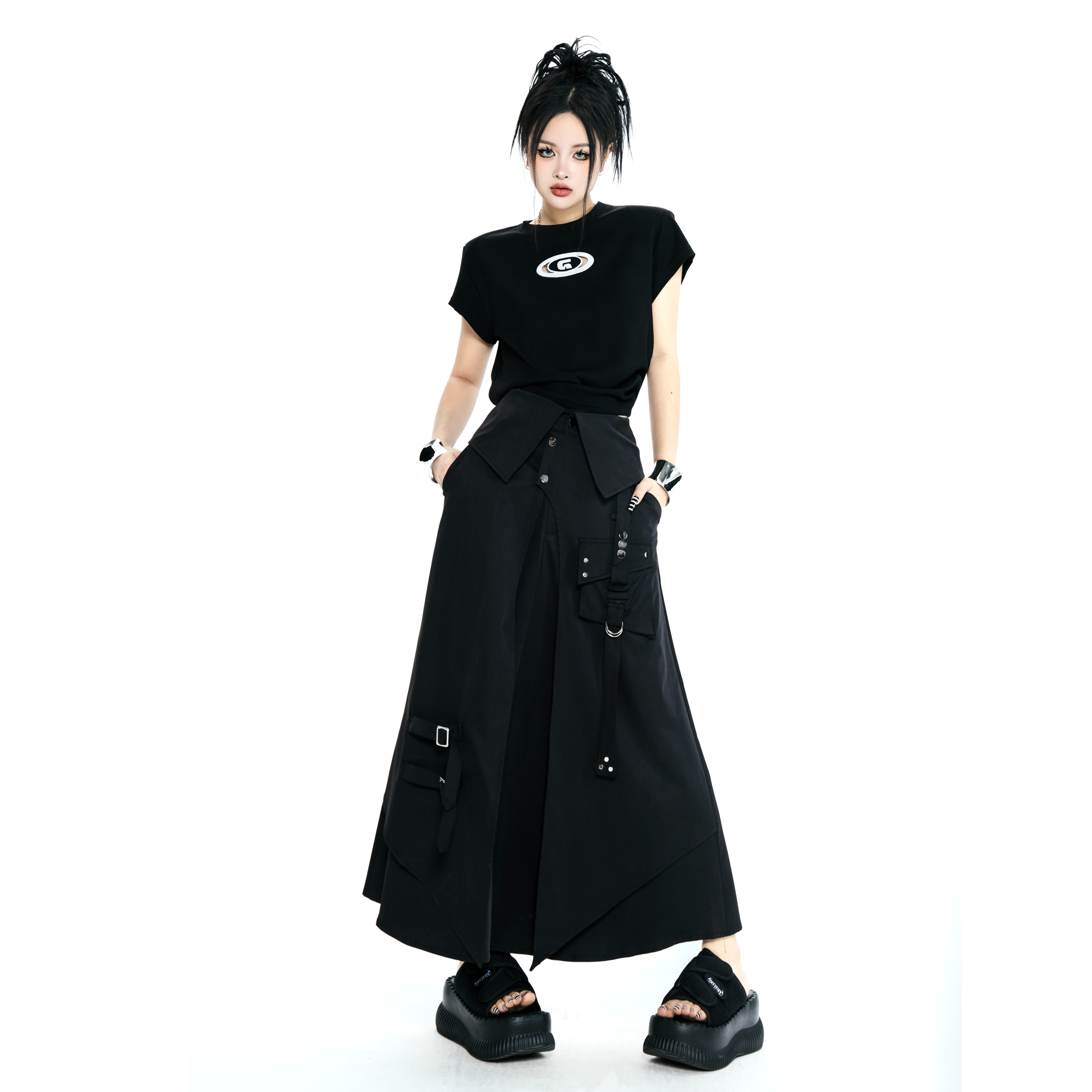 Blackgirl新款【杀手游戏】美式辣妹黑色工装风高腰A字大摆半身长裙