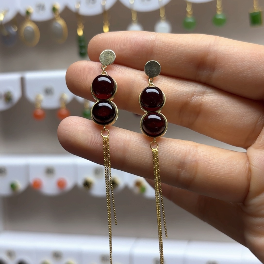 琥珀耳饰银S925镶嵌血珀