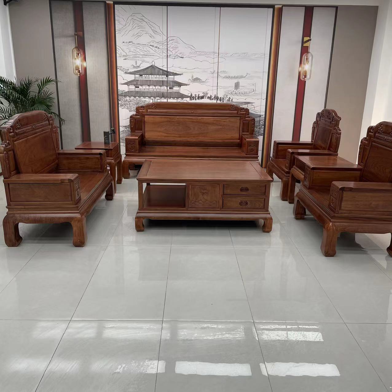 新中式红木家具刺猬紫檀国色天香禅意沙发古典素面客厅沙发