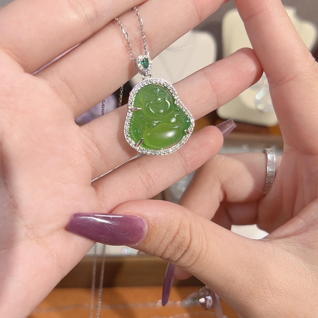 锆石坠链均925银绿色弥勒佛中号