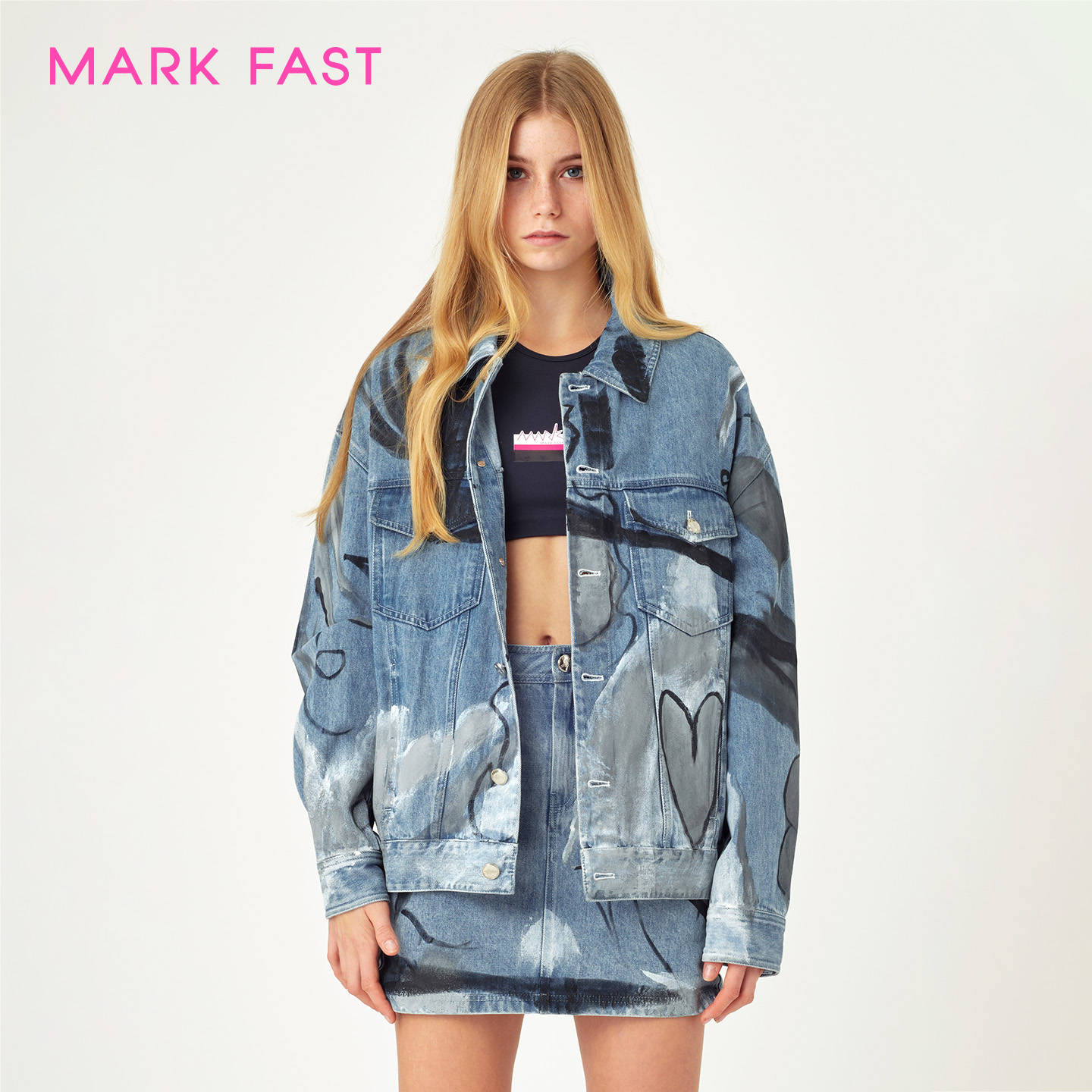 MARKFAST 设计师品牌牛仔夹克情侣款春涂鸦休闲外套M1CAU14021