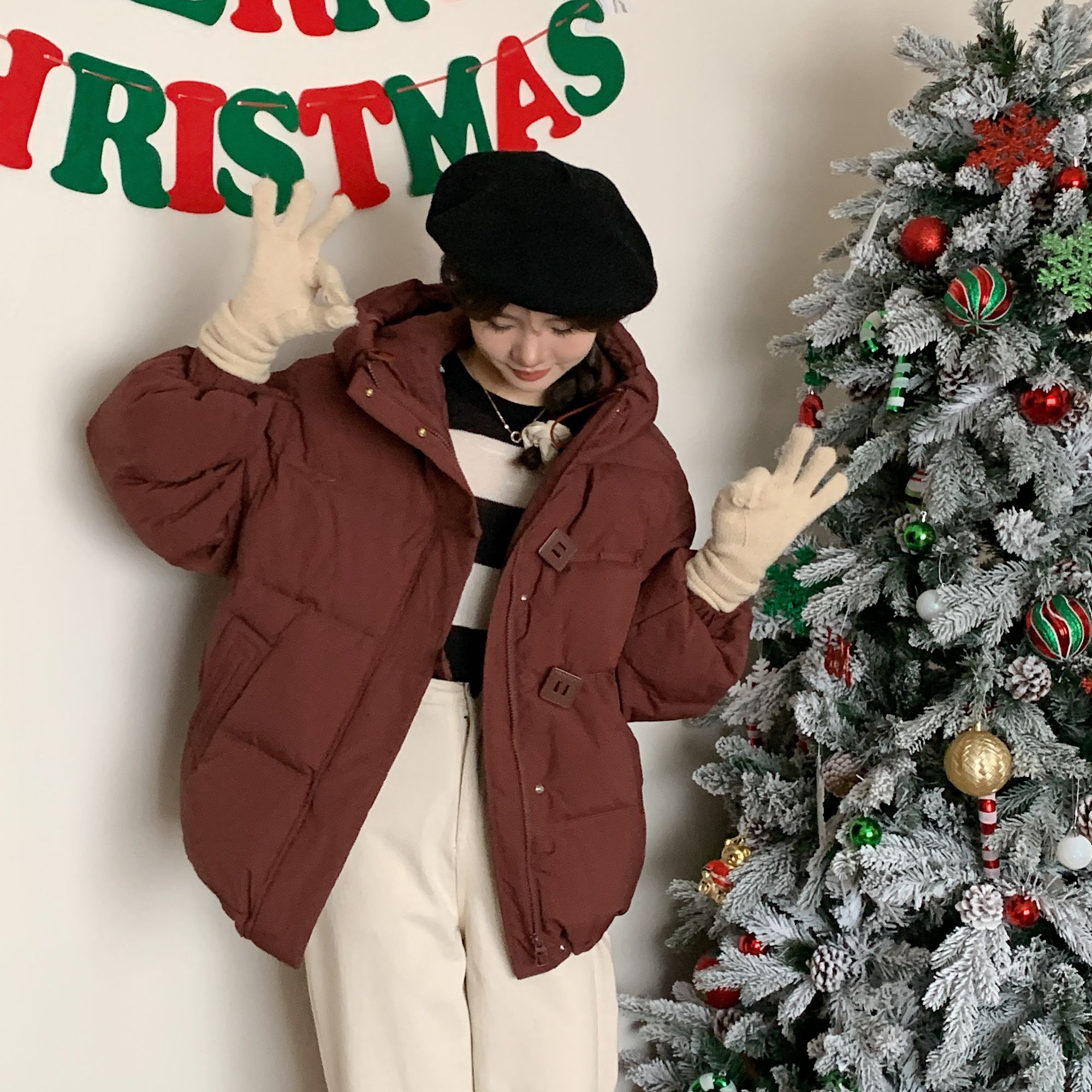 2025新款加厚白鸭绒羽绒服方扣女连帽