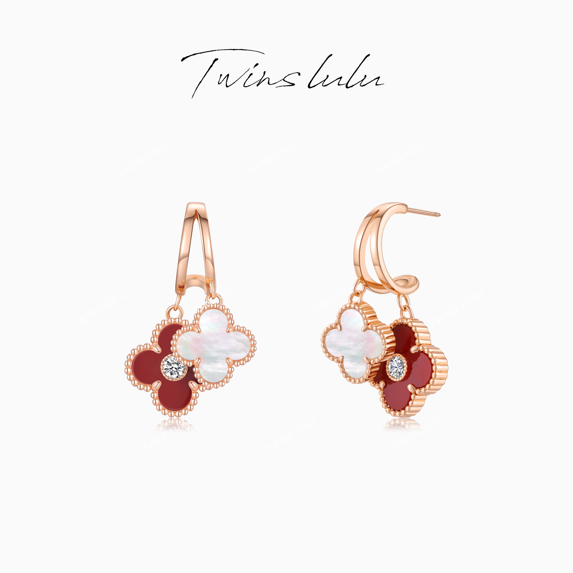 TWINS LULU贵气手工精镶双色四叶耳环TSL2682
