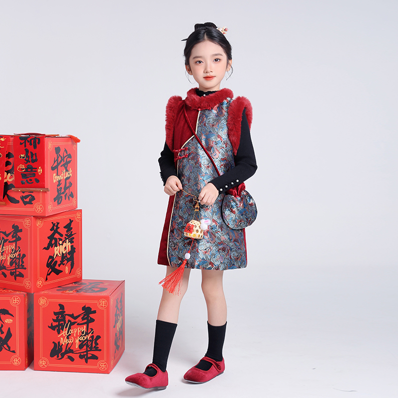 53729新中式女童国风汉服裙背心裙子2025冬季新款古风唐装连衣裙