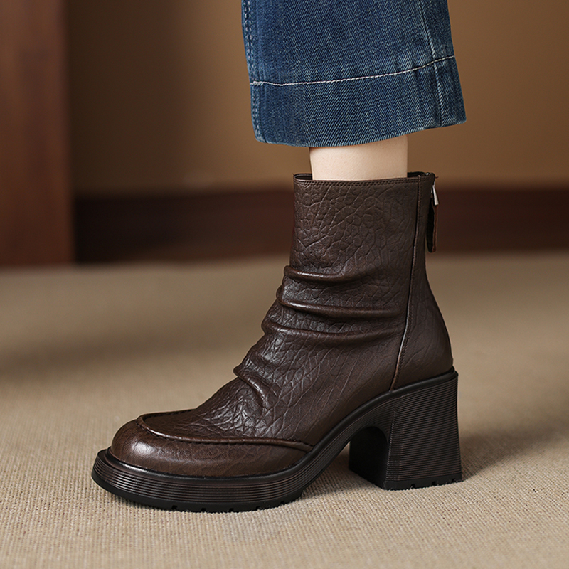 羊皮/跟高7cm/2025新款冬季真皮高跟短靴女软面踝靴厚底百搭单靴