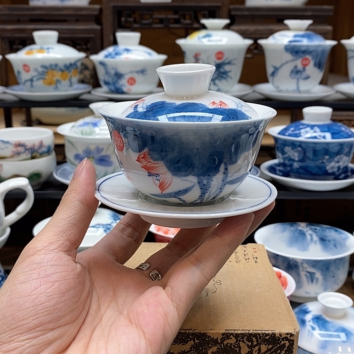 手绘荷花盖碗100cc釉下彩微瑕福利款