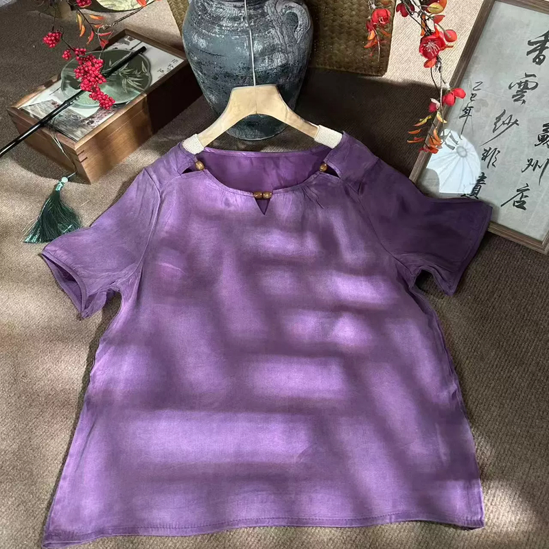 夏季新款新中式国风圆领盘扣减龄设计感气质短袖上衣