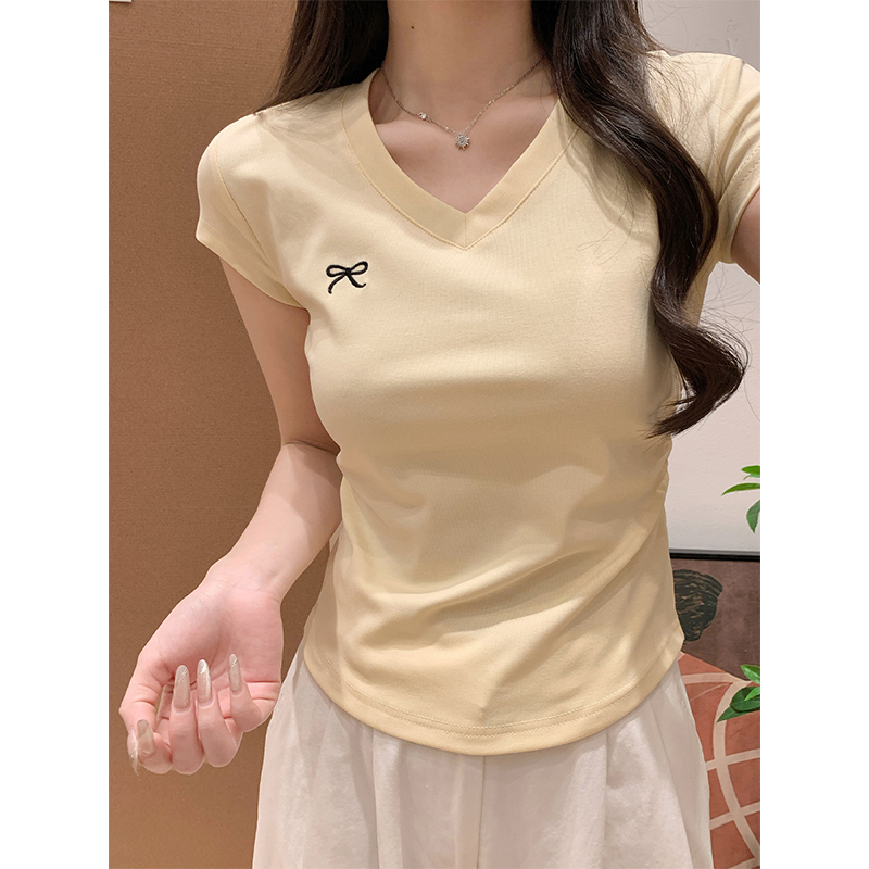 拉夏贝尔韩系纯欲短袖T恤女夏季2025新款蝴蝶结褶皱收腰V领上衣潮