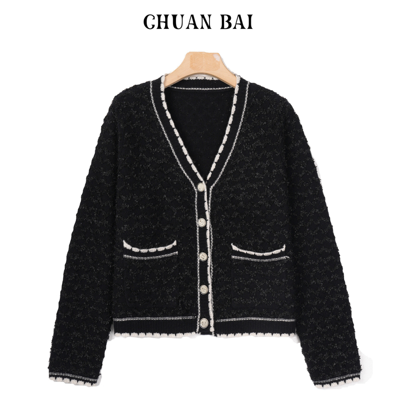 【川白】小香风领边撞色双口袋精致扣子设计长袖v领针织开衫-19099