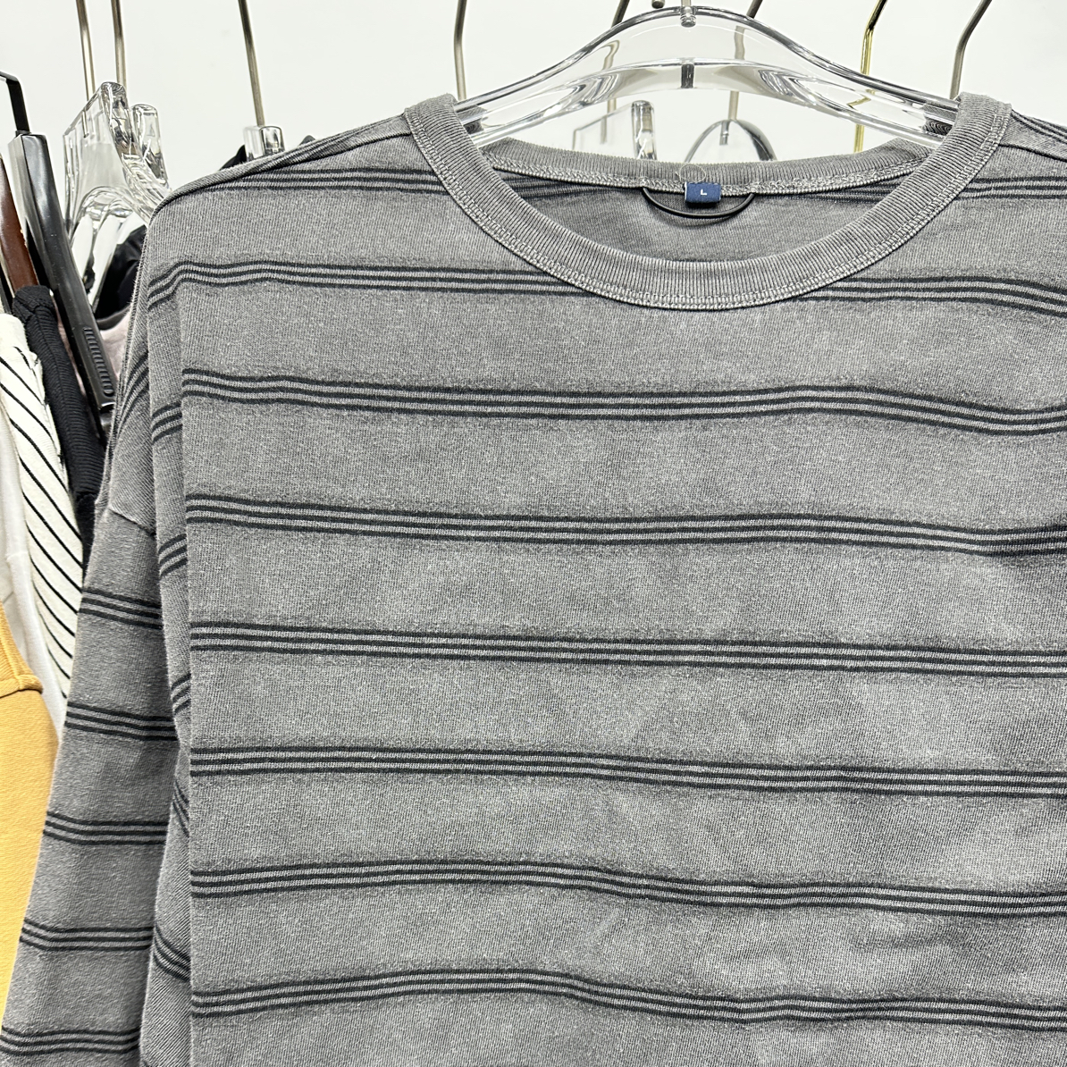 水洗做旧宽松条纹男女长袖T恤
