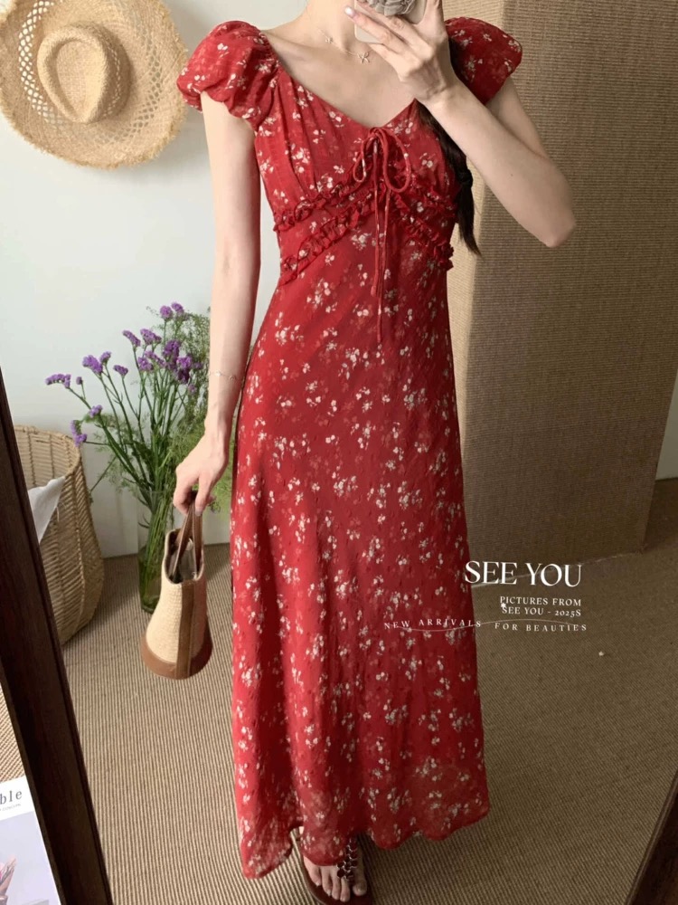 夏季复古碎花泡泡袖宽松甜美公主风连衣裙（直播间同价）