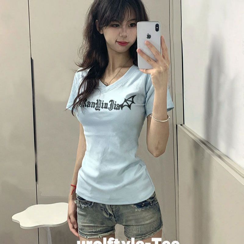 2025欧美夏季新款印花V领短袖T恤收腰ins风漂亮纯欲气质上衣女装