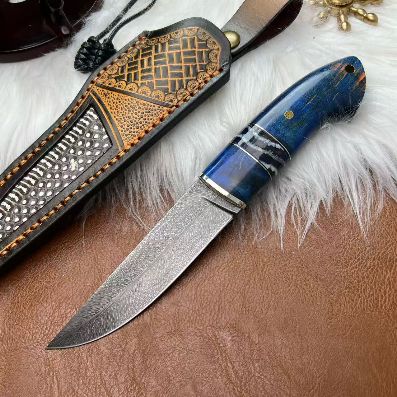  大马士革锻造羽毛纹 收藏把玩瓜果刀 手把肉刀