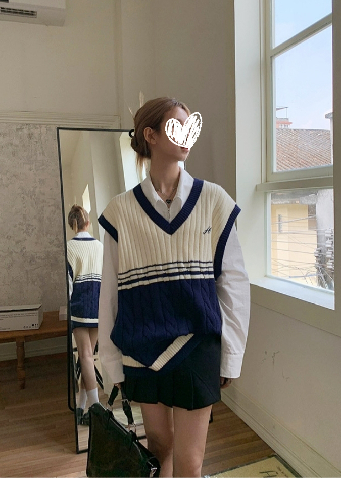 #1561 复古学院风V领拼色毛衣马甲背心宽松慵懒风叠穿百搭上衣