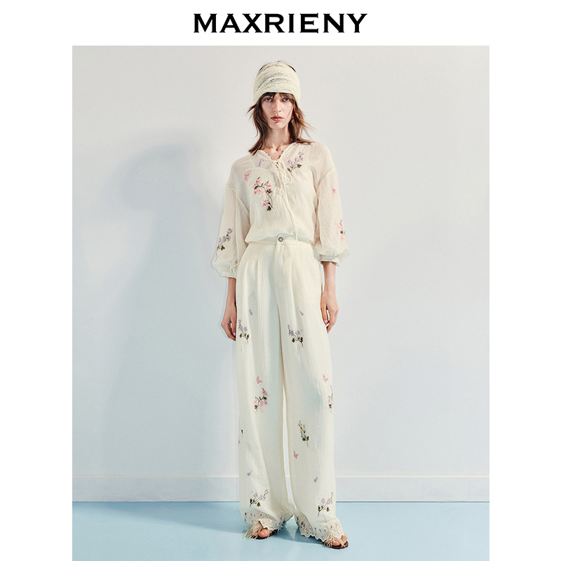 MAXRIENY波嬉风刺绣宽松上衣衬衫休闲长裤套装女25新款度假两件套