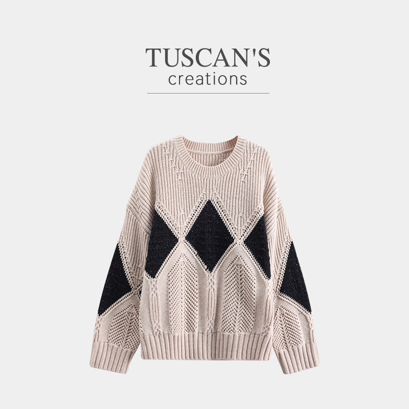 TUSCAN'S CREATIONS菱格百搭女圆领羊毛衫毛针织衫拼色格纹毛衣
