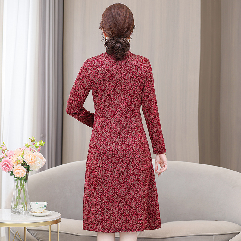 中年妈妈春装长袖连衣裙新款中老年女装春秋复古盘扣中长裙子