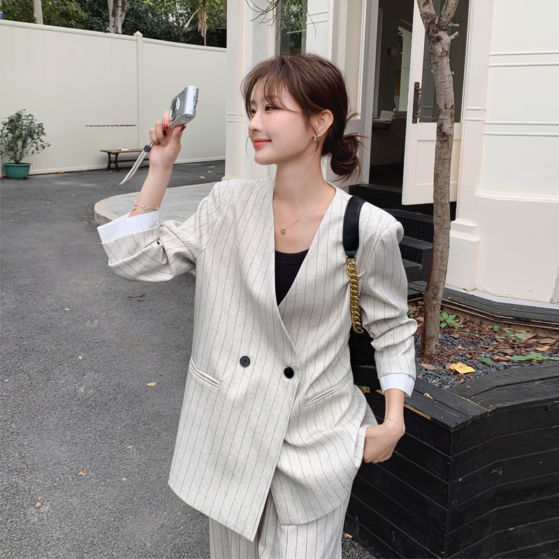 竖条纹西装套装裤女2025早春新款韩系极简风穿搭慵懒风西服阔腿裤