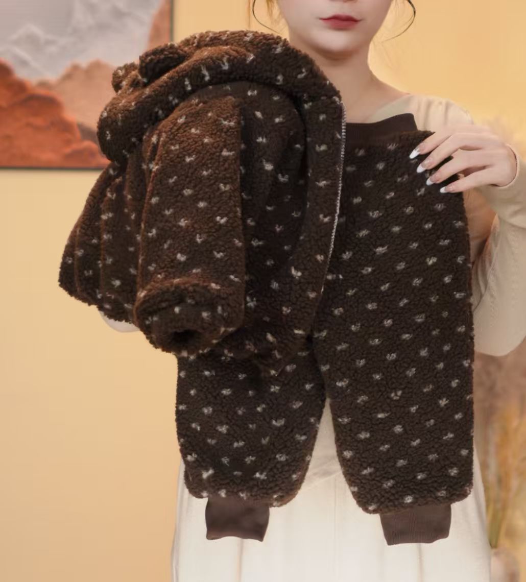 儿童超厚实羊羔毛连帽外套冬装新款宝宝满天星保暖家居服两件套