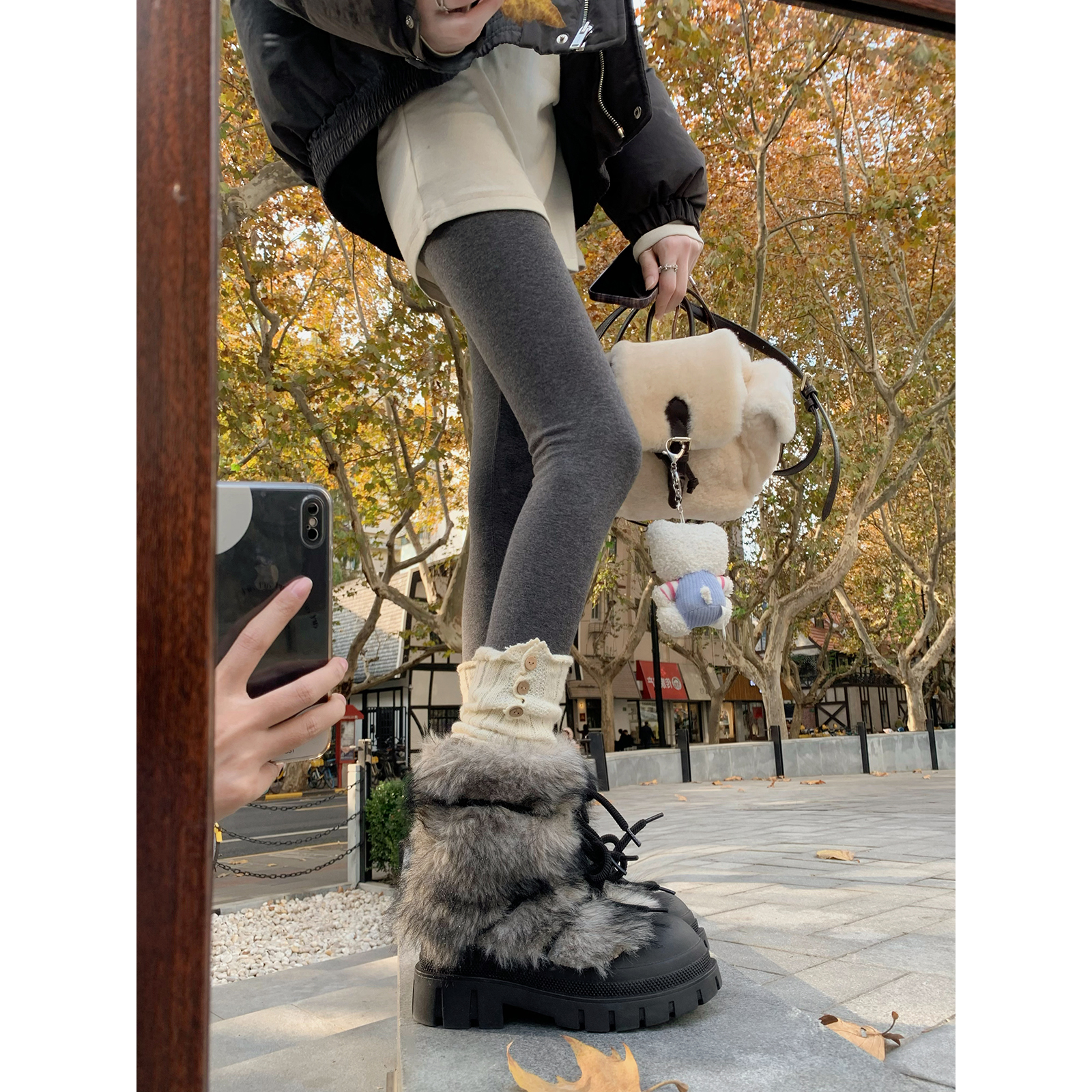 葡萄妈studiolee 增高5cm~ 防滑保暖加厚毛毛圆头绑带雪地靴短靴