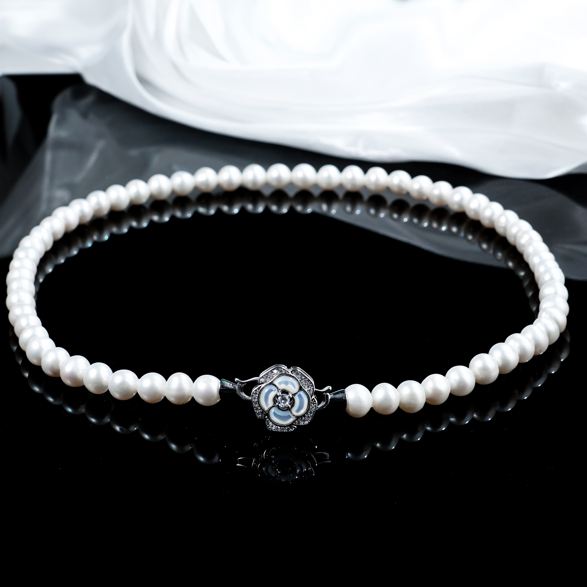 8-9mm山茶花A404无核 银S925天然淡水珍珠项链强光简约气质50cm