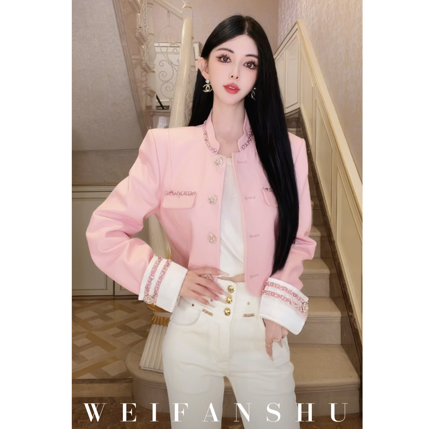 WEIFANSHU/魏凡舒【甜美转身】秋季新款气质温柔风短款纯色羊皮外套