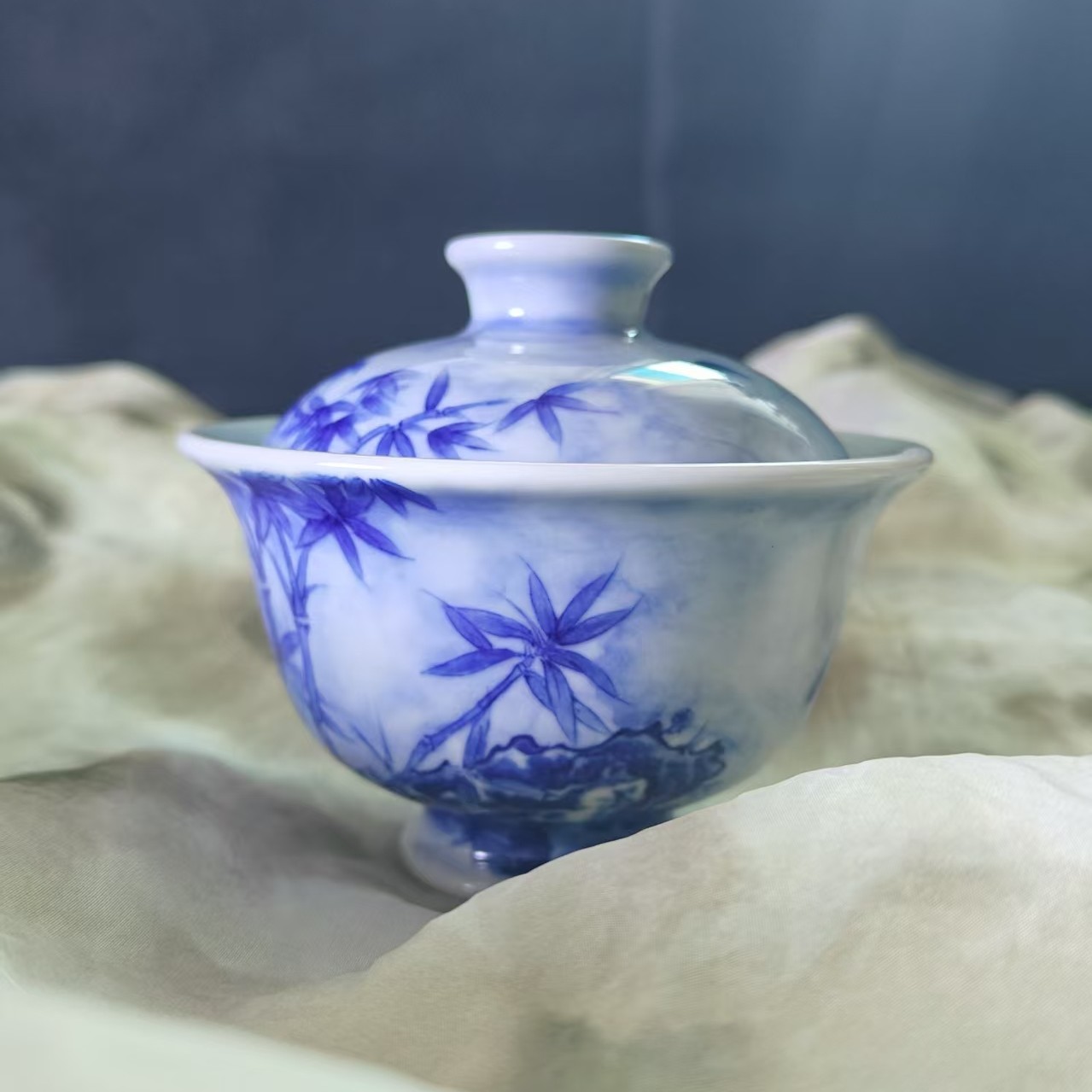微瑕景轩柴窑手绘青花国宝熊猫望竹仿清陶瓷茶具盖碗釉下彩