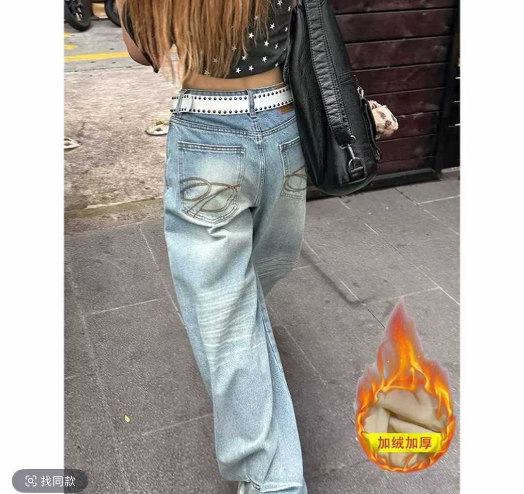 【加绒+运费险】美式复古刺绣牛仔裤高腰宽松显瘦阔腿拖地裤