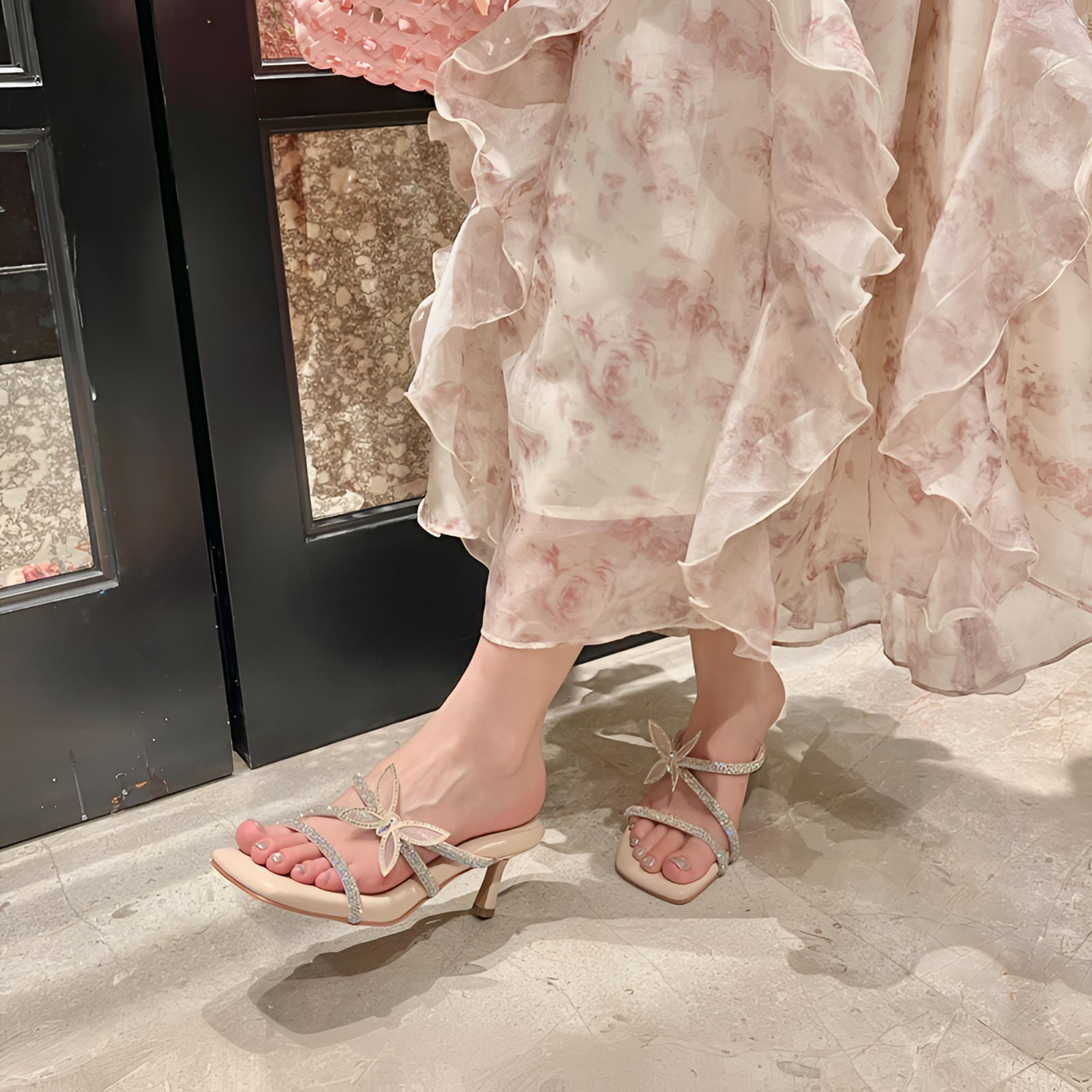 桃子-气质时尚百搭方头露趾时装凉鞋简约细跟粗跟方头凉拖鞋W008