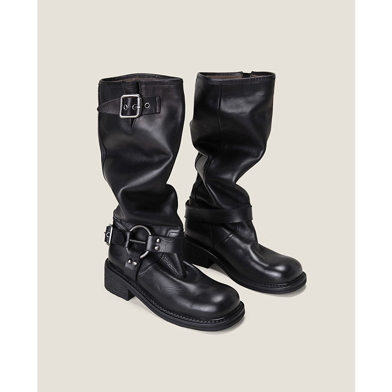 【Shoemaker Queen】复古全皮高筒靴粗跟长靴厚底骑士靴马靴子