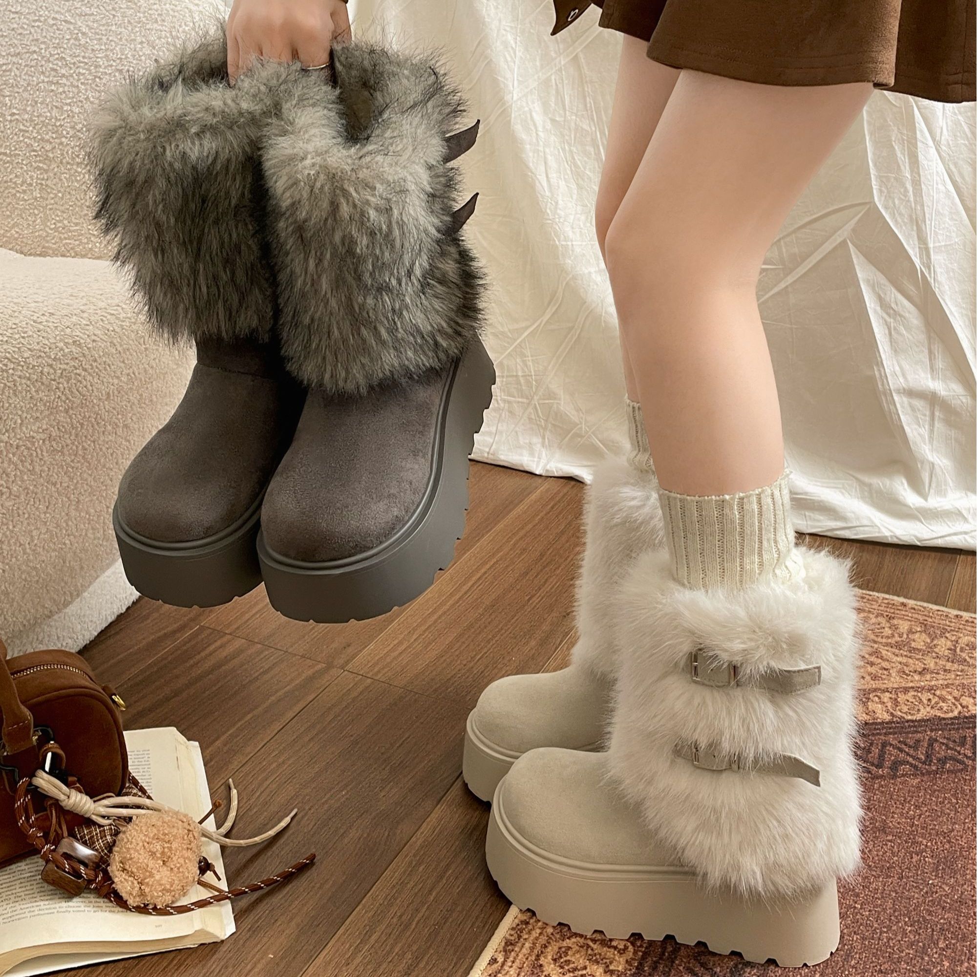 复古百搭加绒保暖毛毛厚底雪地靴女款2025新款冬增高加厚勃肯棉鞋