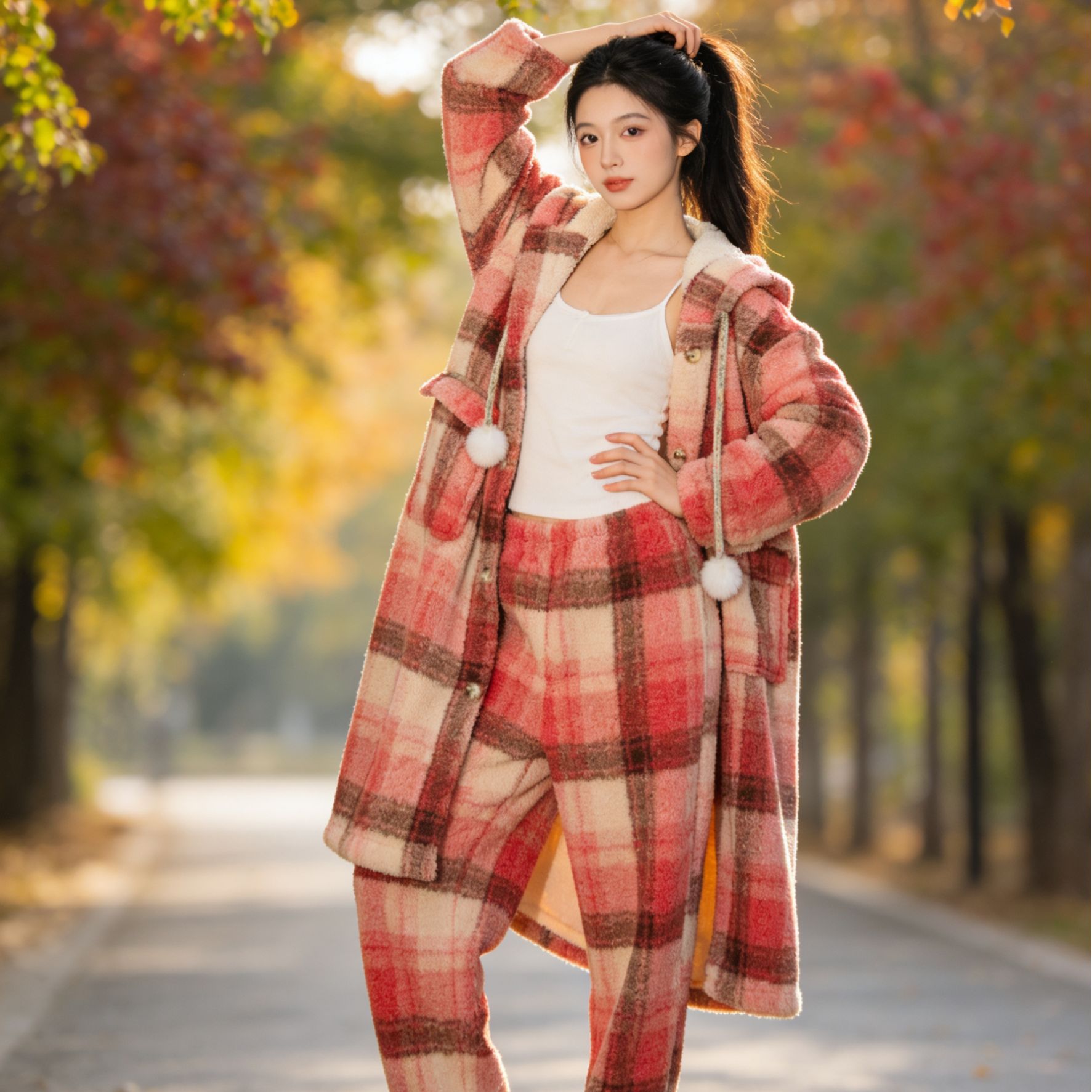 新玫瑰庄园格子女士双层保暖睡袍连帽冬季洋气长款加厚加绒宽松