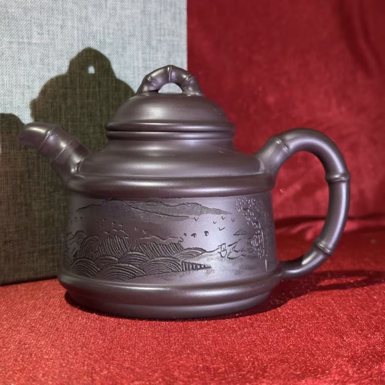 宜兴紫砂山水双线竹鼎 紫龙血砂 顾林芬