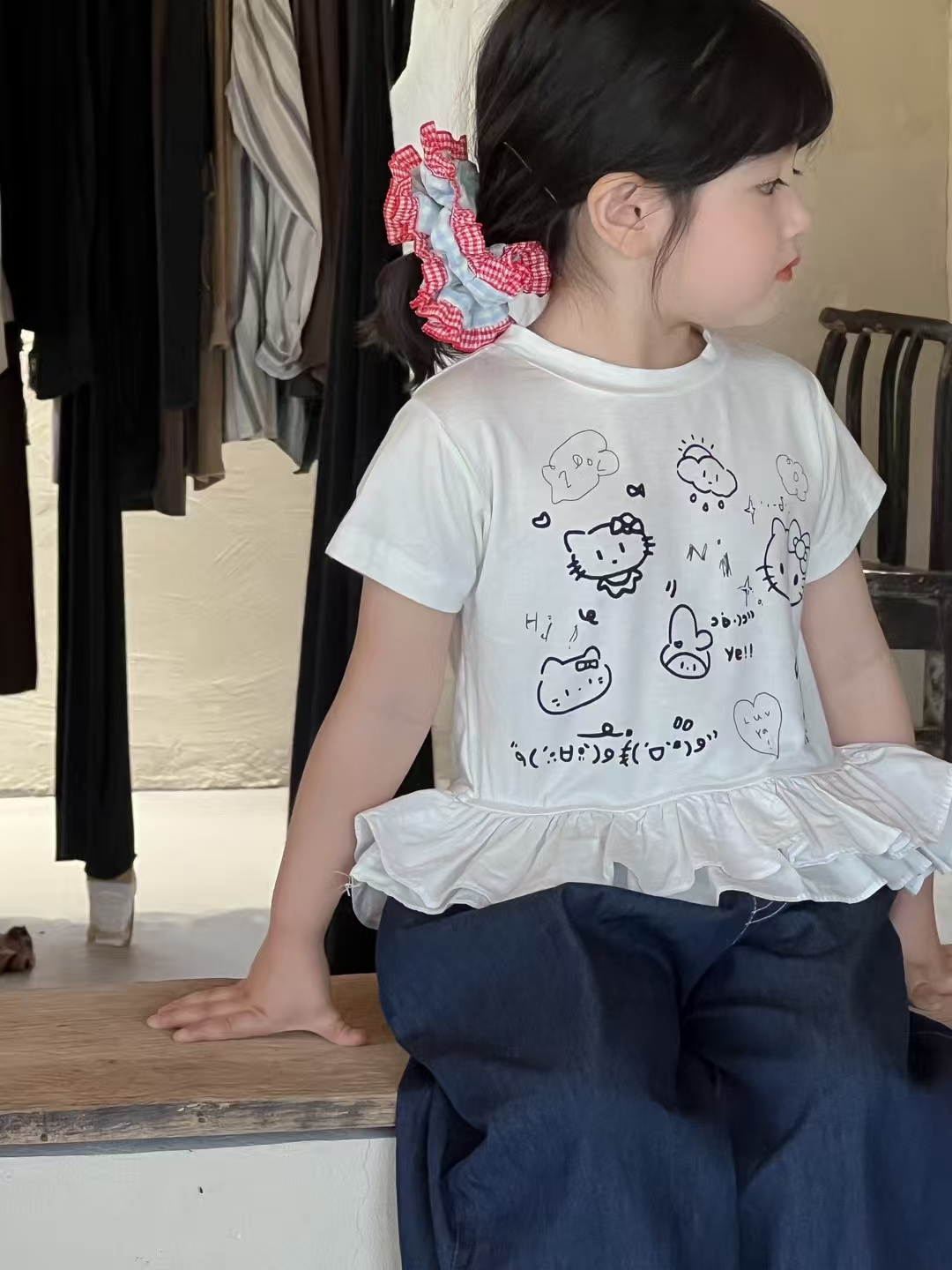 芯韩 扣尺码专拍 短袖夏季印花圆领韩版卡通女T恤童装时尚白色