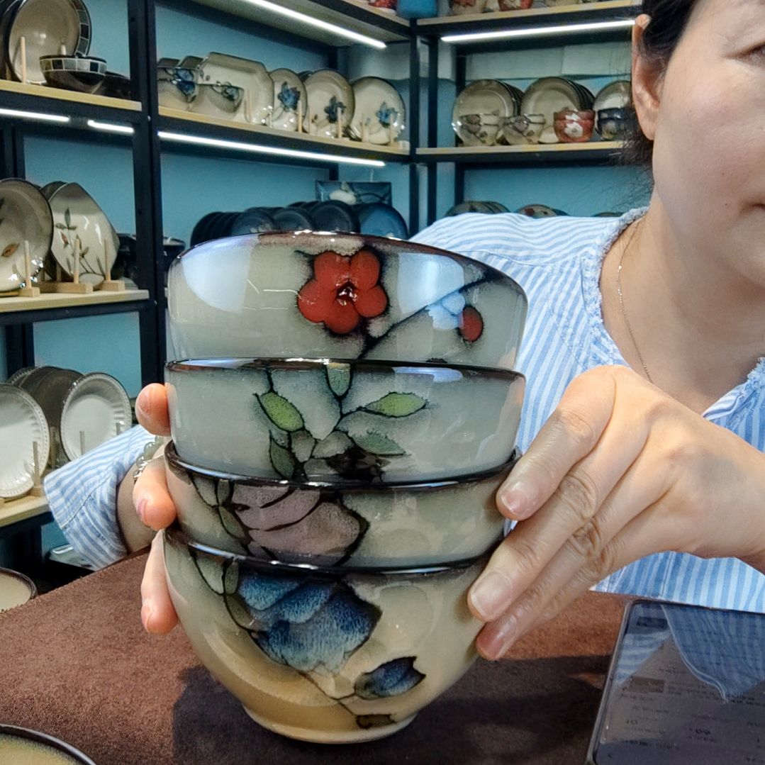 瓷片小可陶瓷高温釉下彩一组四只米饭碗