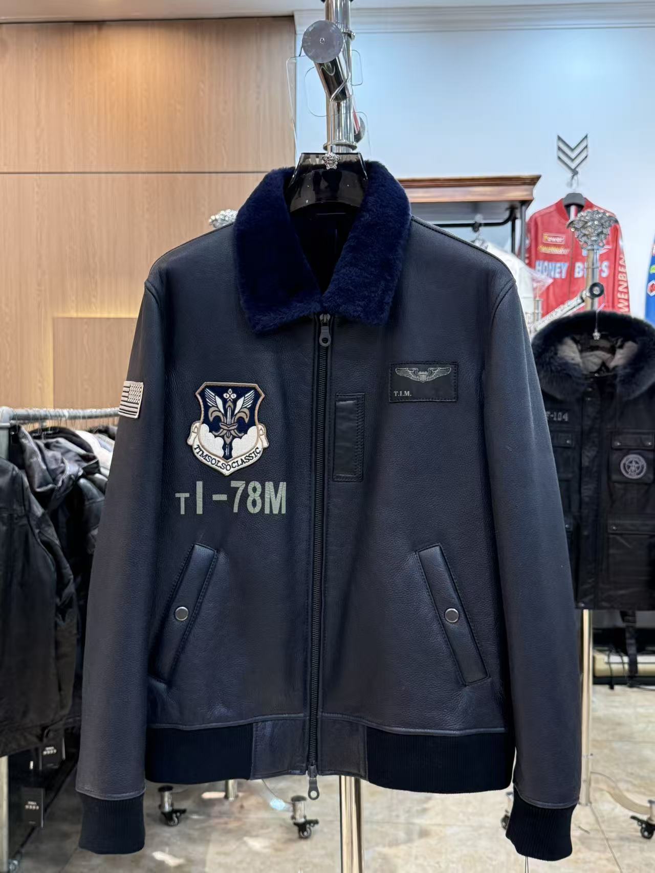 男士皮毛一体原皮羊毛冬装加厚藏蓝色潮牌飞行服7904