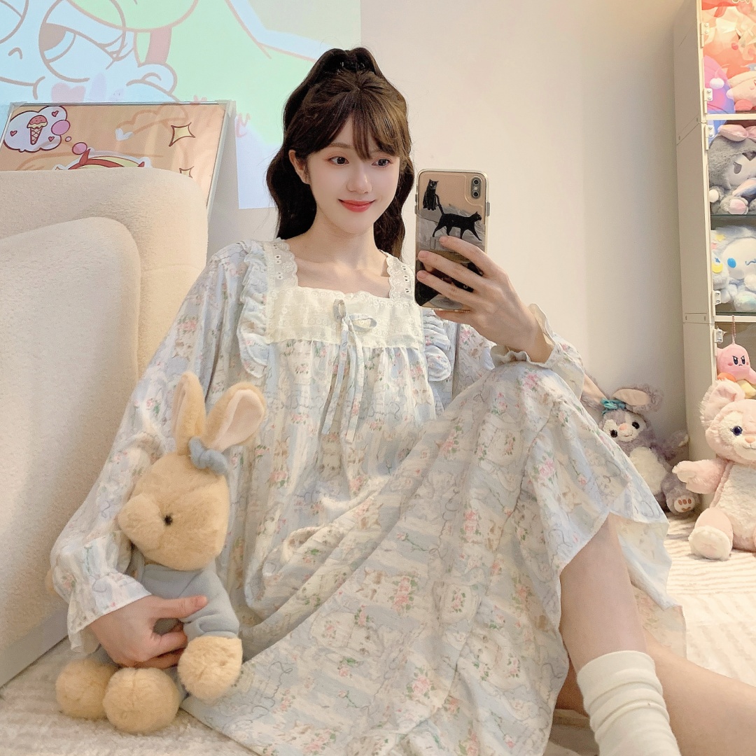 睡裙日系猫咪宽松印染春秋季女薄款褶皱不起球中方领长裙家居服