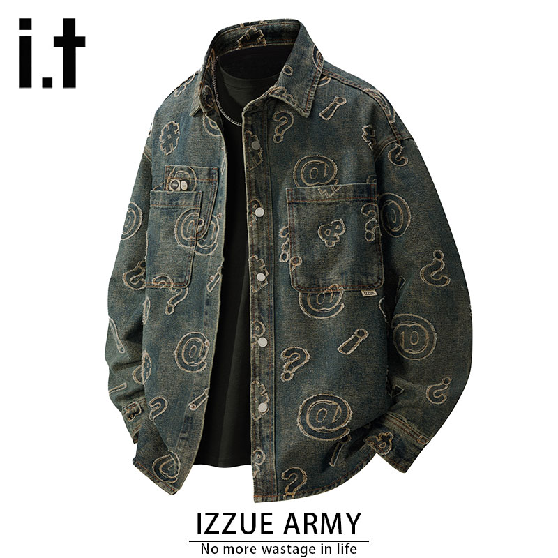 izzue秋季正品牛仔夹克翻领男长袖复古潮流秋季时尚个性牛仔衬衫