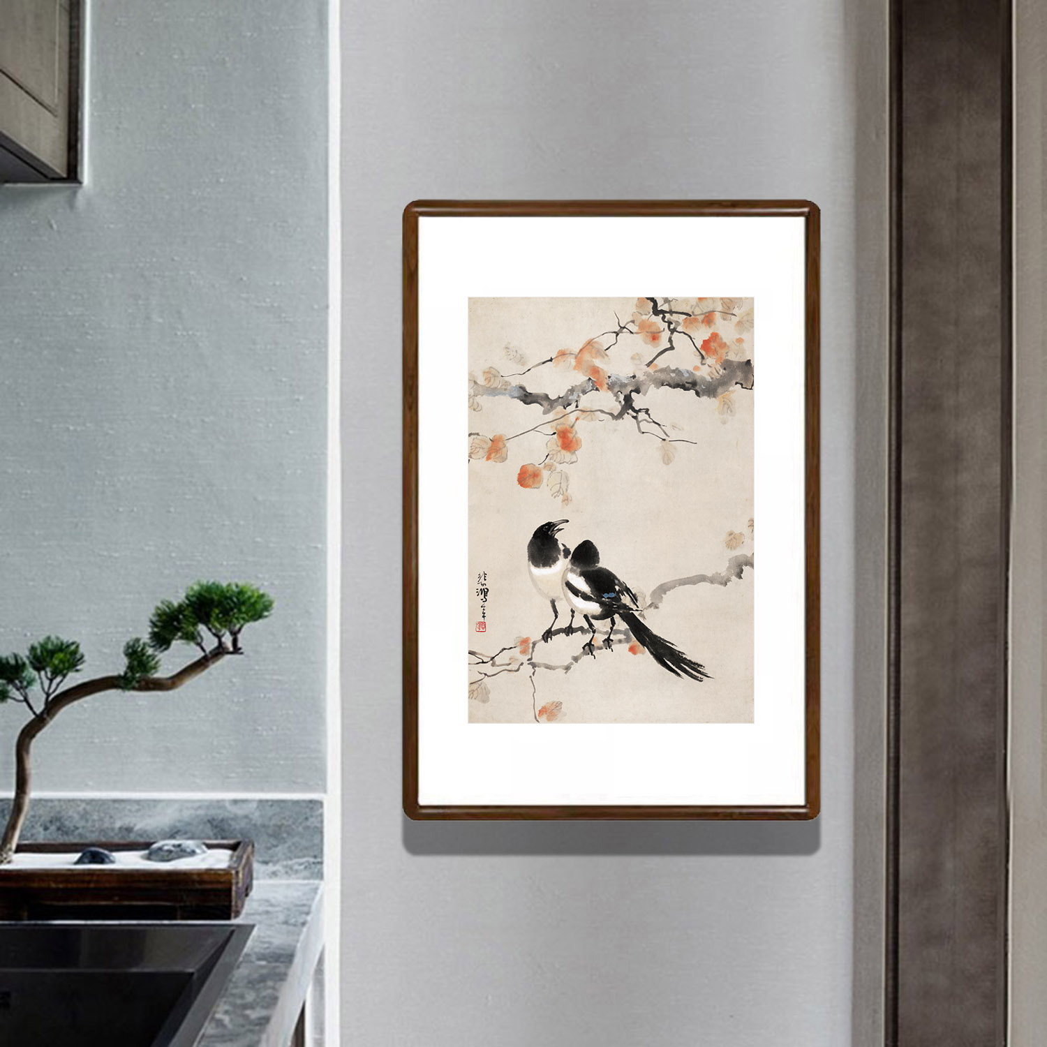 双喜临门图花鸟画新中式客厅玄关装饰画书房餐厅走廊过道吉利壁画