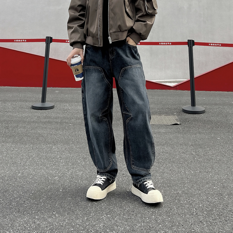 LUCHONG美式复古水洗牛仔裤 秋冬男宽松微弯刀阔腿裤潮流百搭长裤