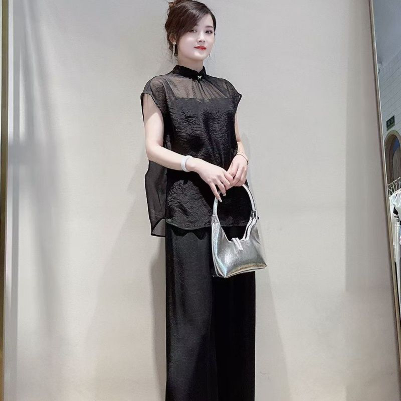 夏季薄款醋酸肌理感垂感宽松直筒松紧腰女士阔腿拖地裤