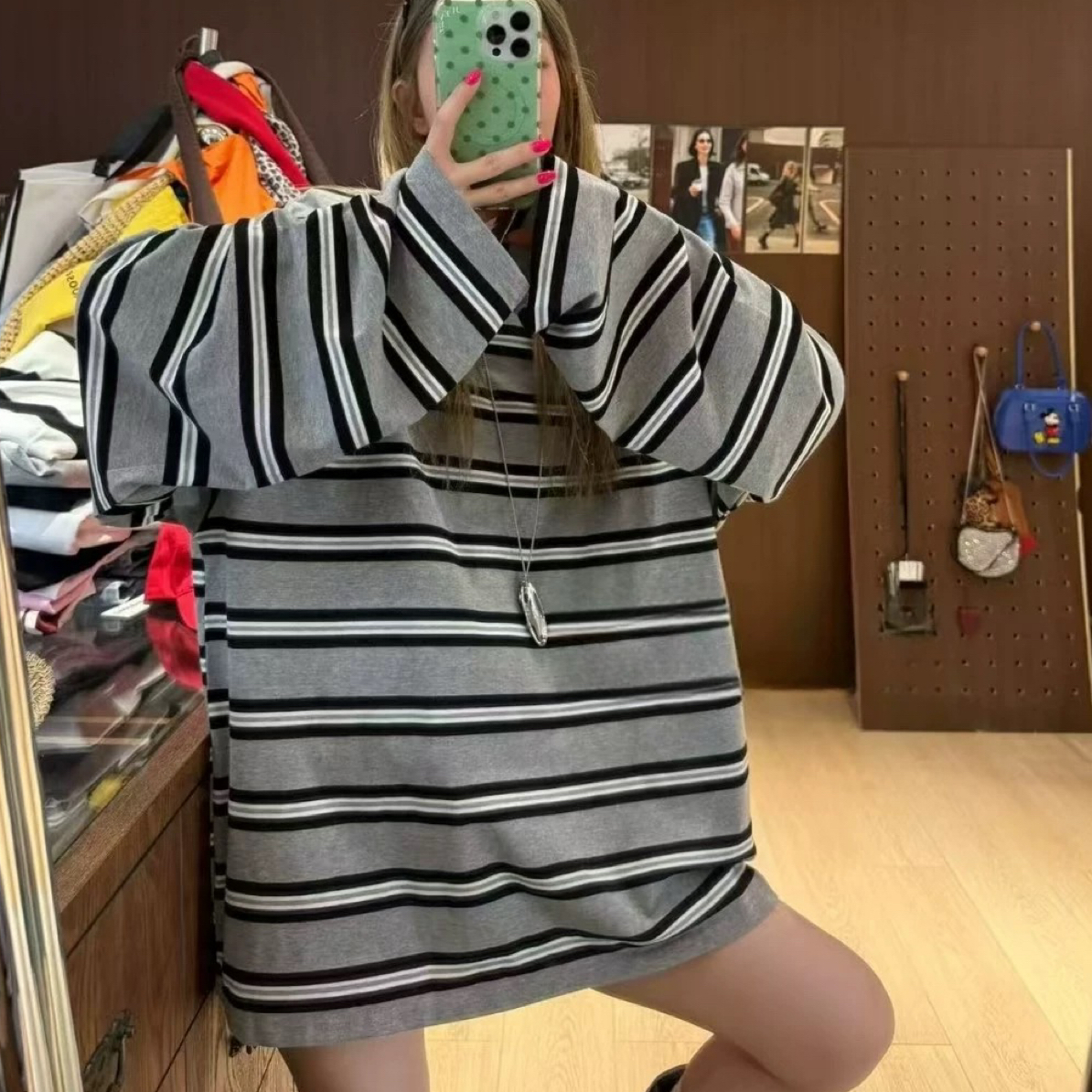 77558#【東Room】2025新款韩系大版休闲宽松条纹T女