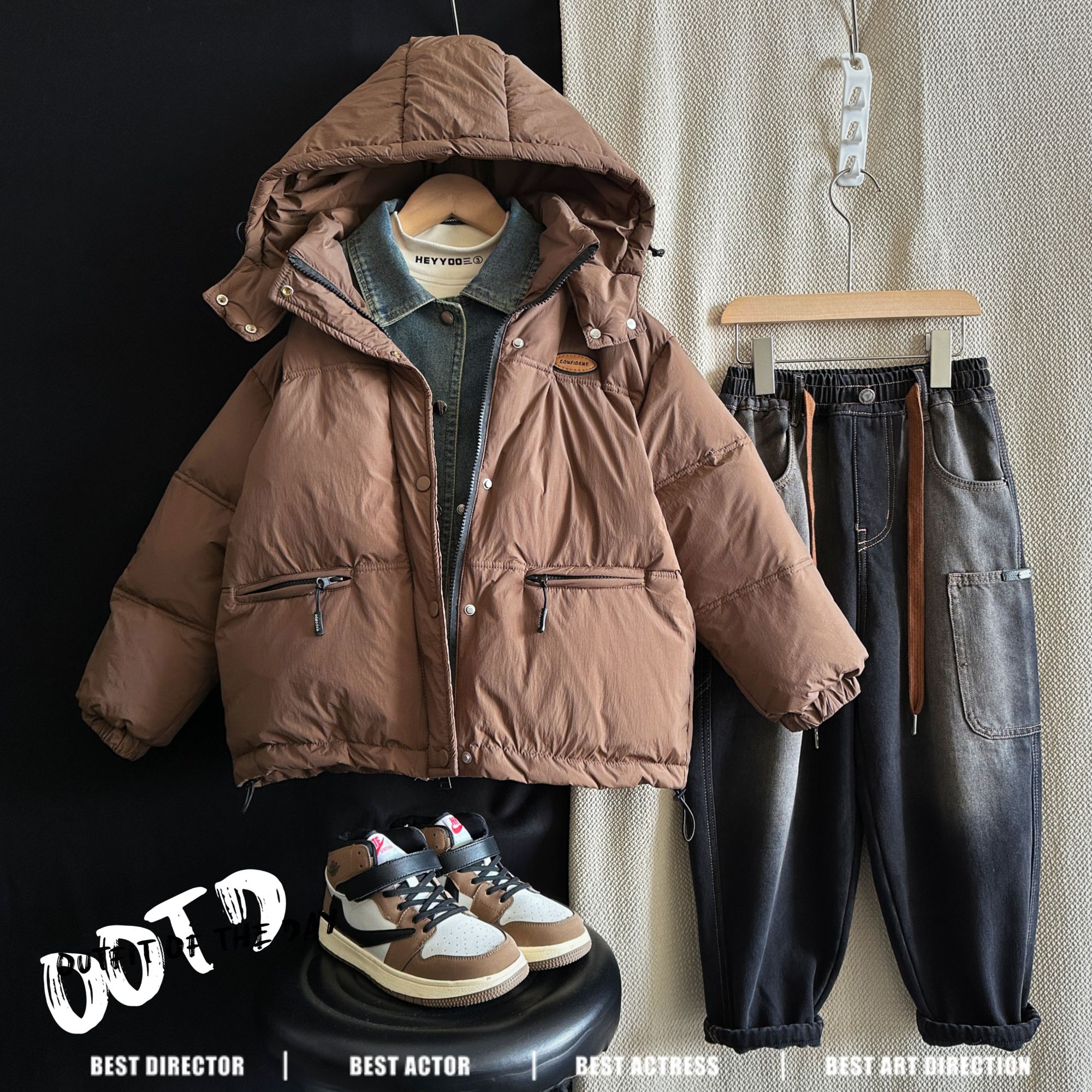 HY 2025冬新款儿童拼接牛仔韩版羽绒服 3Q462