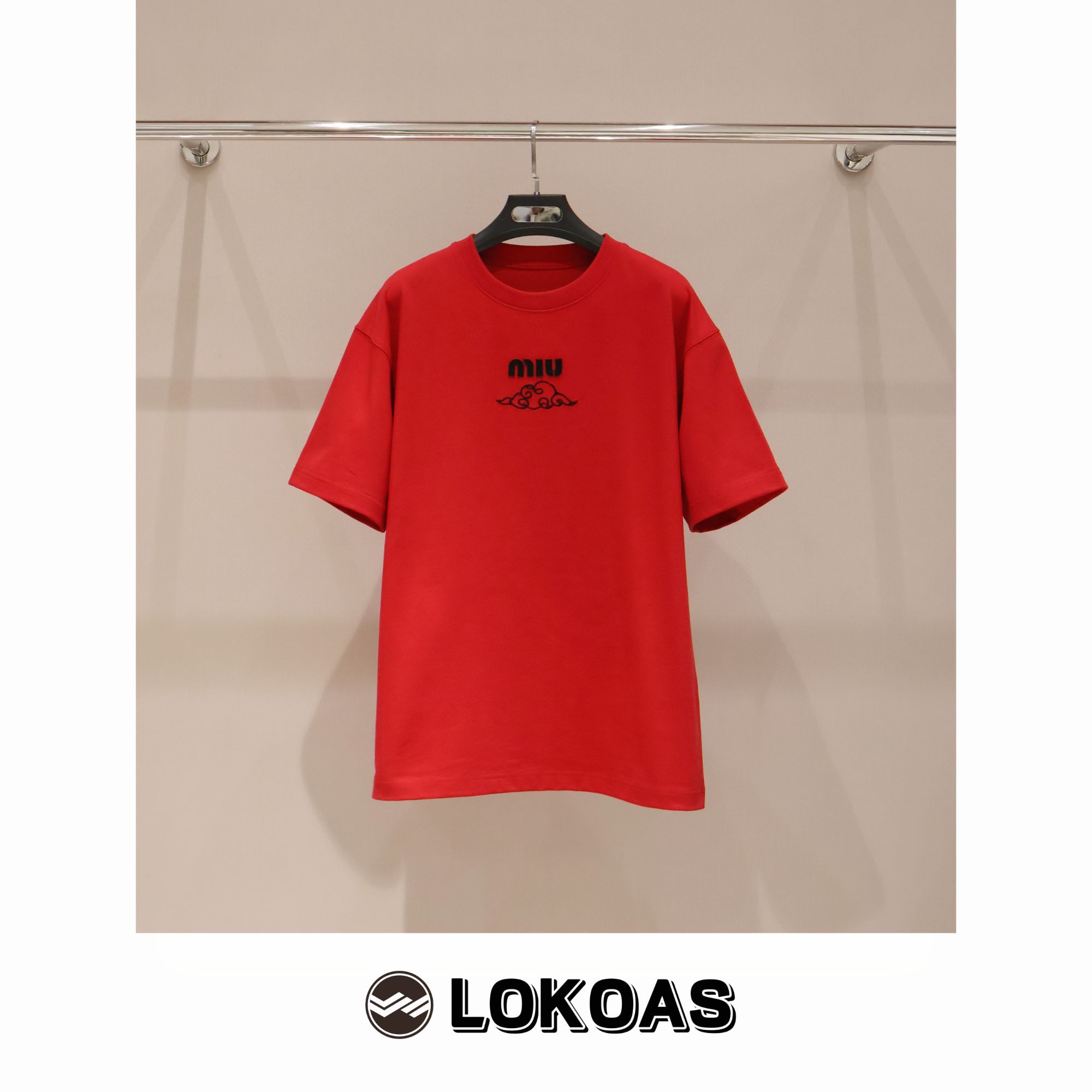 新品  新年红重工刺绣字母圆领休闲宽松情侣T恤简约百搭半袖男女