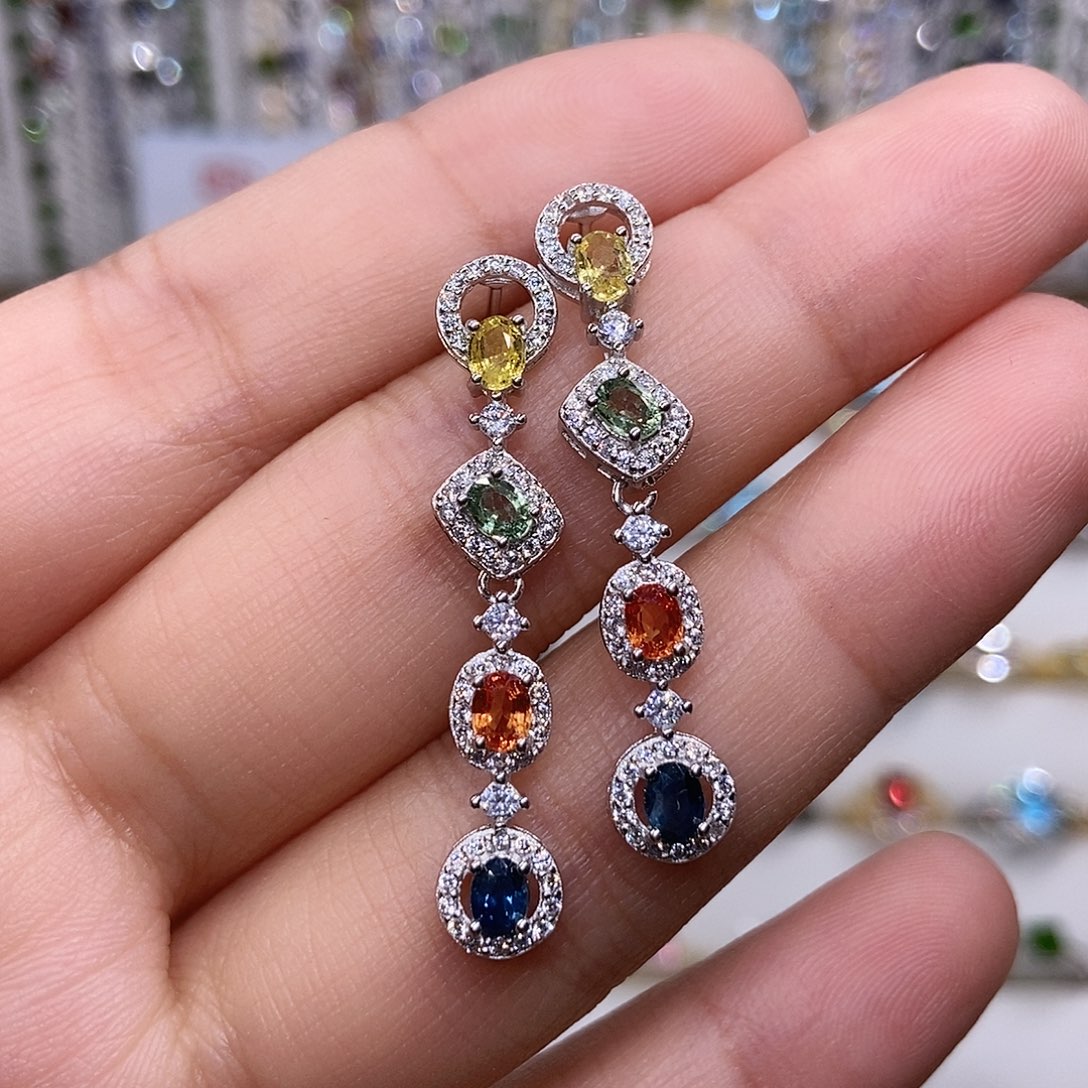 彩色蓝宝石耳饰银S925镶嵌