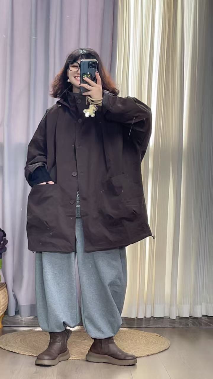 《若汐女装》欧韩风宽松大码时尚休闲连帽风衣外套9266