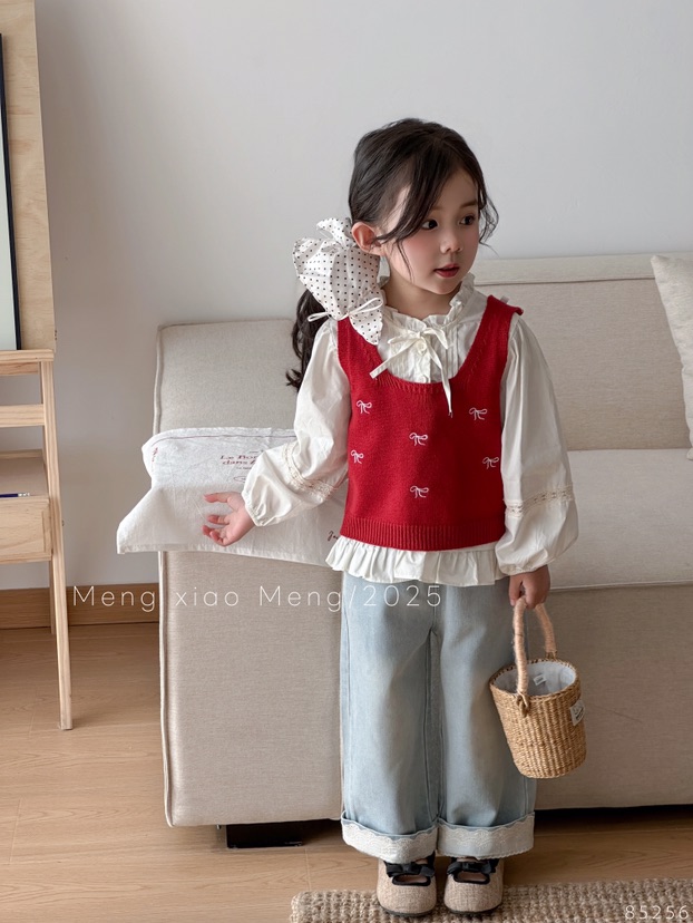 【XTL】2025新春红色蝴蝶结马甲衬衫三件套85256