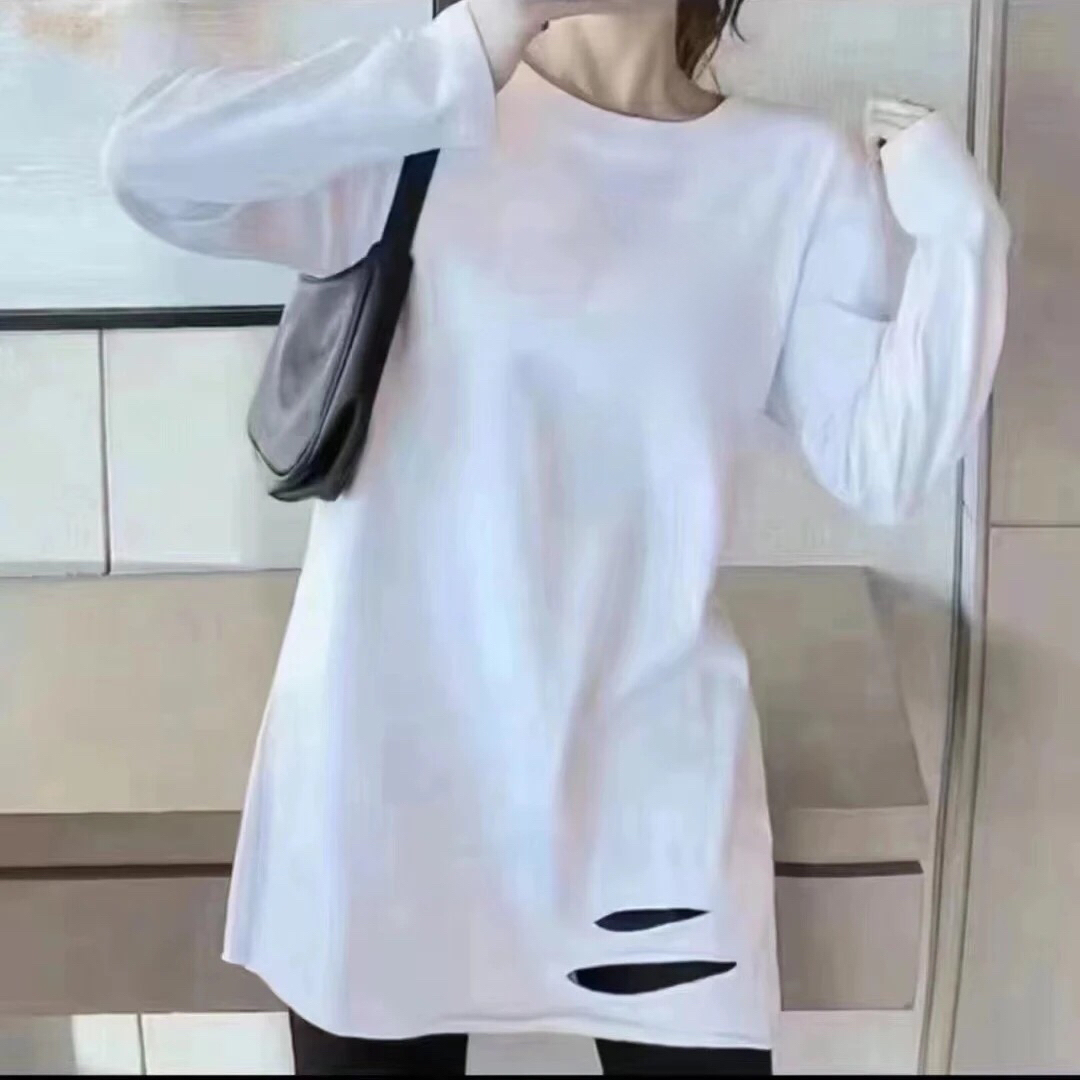 秋季夏季长袖打底衫中长款磨毛侧开叉破洞～T恤白色显瘦宽松女款